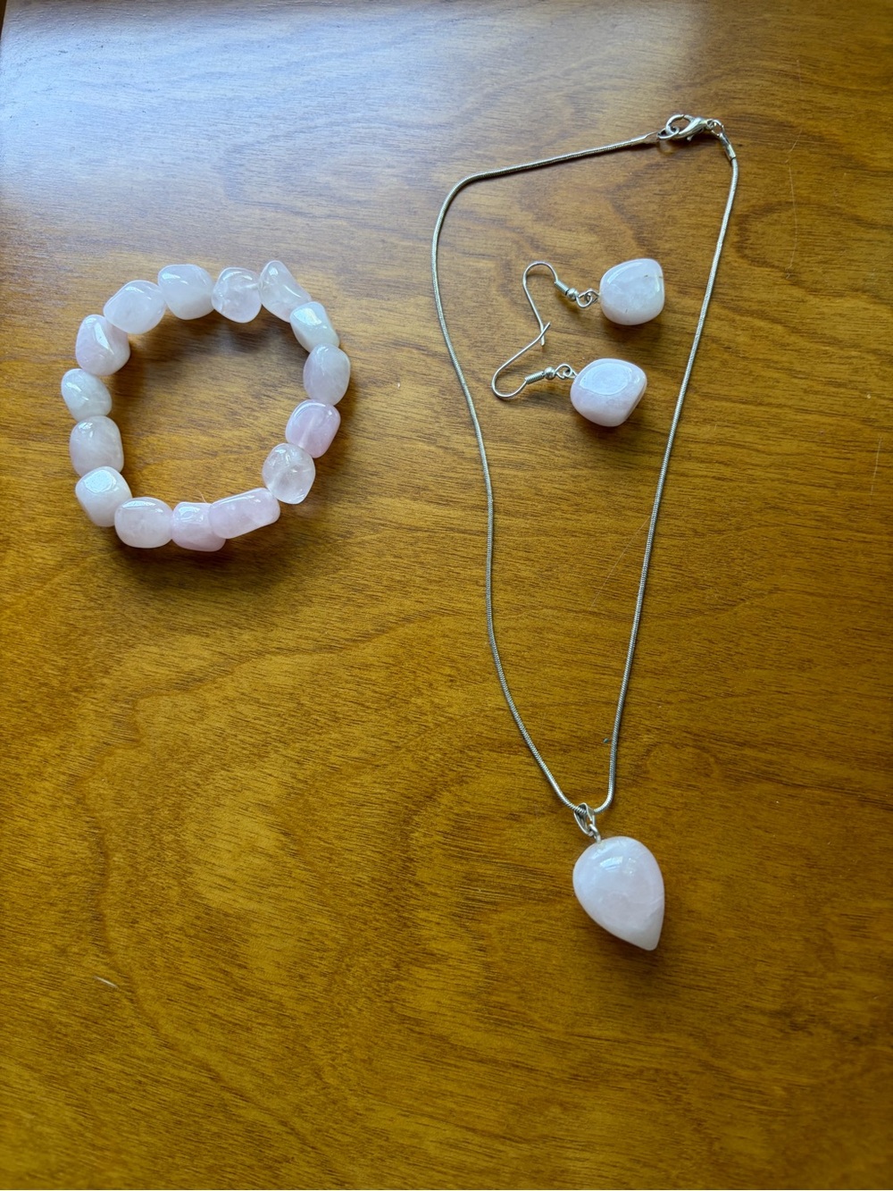 NWOT Rose Quartz Necklace, Earrings & Bracelet Set - Pink Gemstone Jewelry